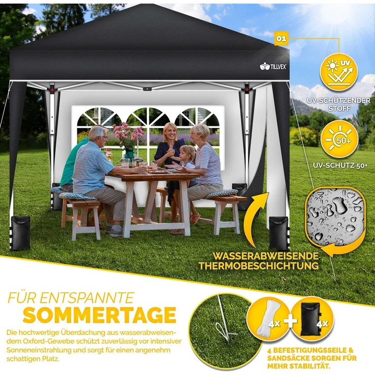 tillvex Pavillon 3x3m Schwarz - mit 2 Seitenteilen wasserdicht | Pop-Up Faltpavillon höhenverstellbar | Gartenzelt UV Schutz 50+ | Partyzelt mit Tasche für Garten – Bild 9