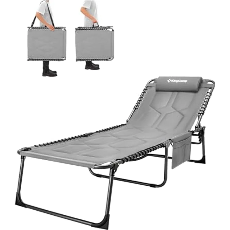KingCamp Übergroße Sonnenliege Klappbar 5-Fach Verstellbar Gartenliege Liegestuhl Dreibeinliege Liege Campingliege mit Kopfkissen und Seitentasche bis 150 kg für Garten Urlaub Strand Pool 200x68 cm – Bild 2
