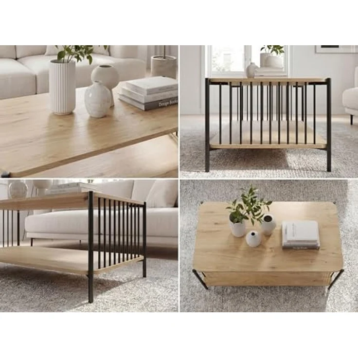 Couchtisch 110x60cm Eiche Optik Rechteckig - Design Sofatisch Metall - Wohnzimmertisch Ablage - Loungetisch Stauraum - Beistelltisch Kaffeetisch – Bild 5