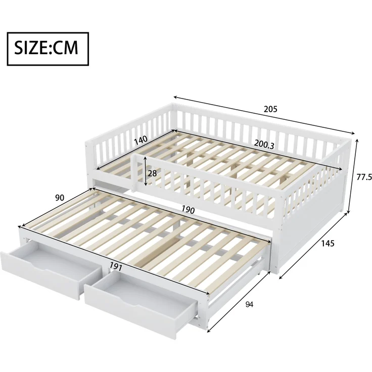 Multifunktionales Schlafsofa 140x200 cm mit Ausziehbett, Schubladen & Schutzgitter aus Massivholz,platzsparendes Gästebett – Bild 4