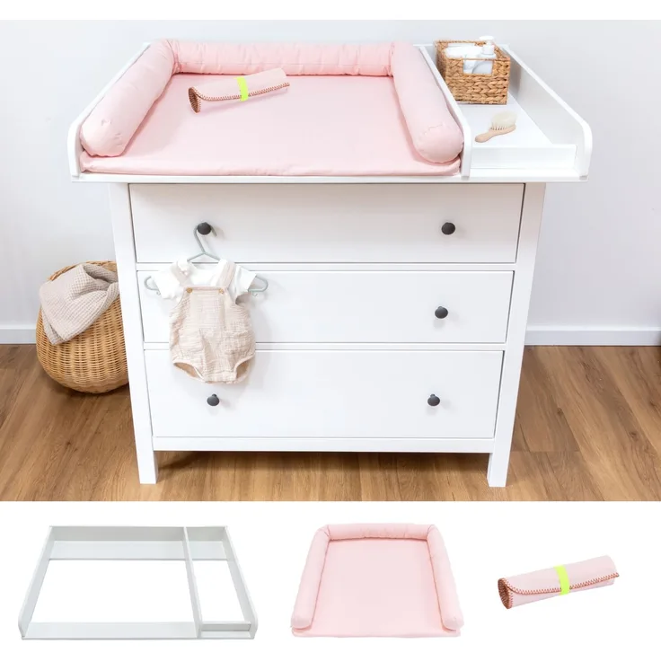 LIMMALAND Wickelaufsatz Set für IKEA HEMNES – mit Aufsatz, Wickelauflage & Umrandung aus 100% Baumwolle (Blush, 108 cm Aufsatz, Auflage & Unterlage)