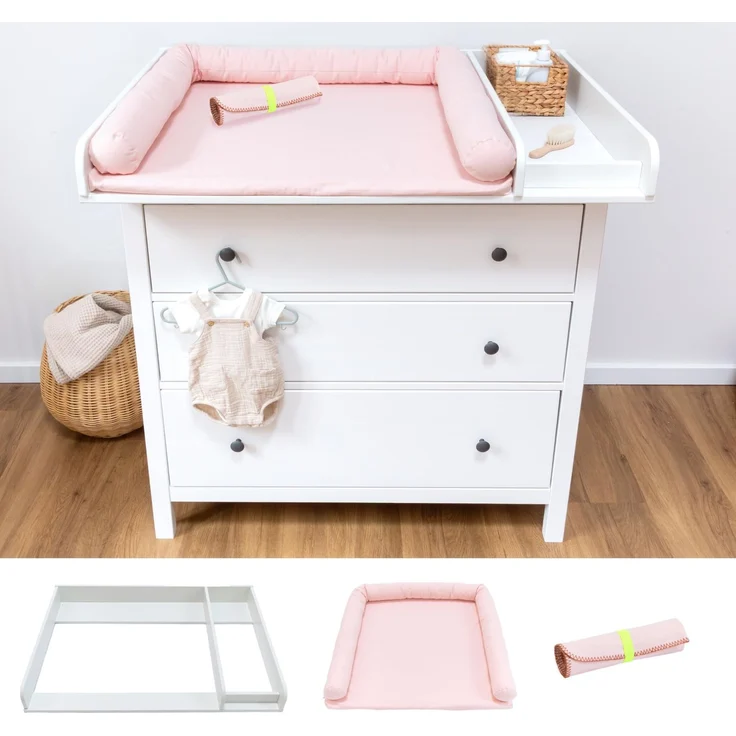 LIMMALAND Wickelaufsatz Set für IKEA HEMNES – mit Aufsatz, Wickelauflage & Umrandung aus 100% Baumwolle (Blush, 108 cm Aufsatz, Auflage & Unterlage)