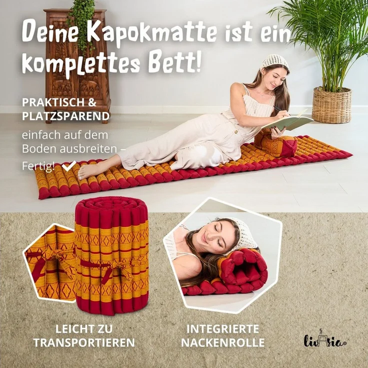 Reisebett-Matratzen Rollmatte 50 cm breit, vegan und handgefertigt, 210x50x4,5cm, livasia, 4,50 cm hoch, Kapok – Bild 4