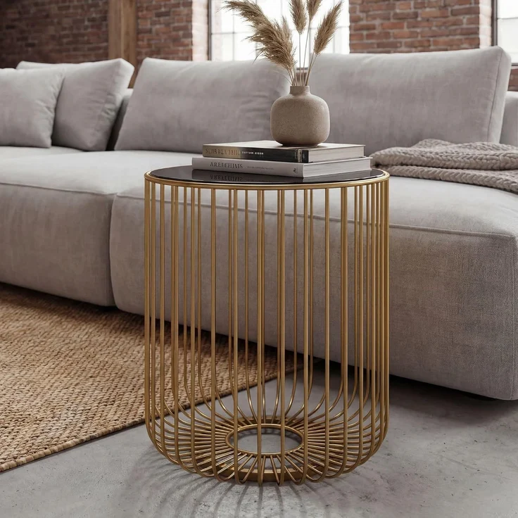 Beistelltisch Glas Metall 40cm Gold Rund - Moderner Anstelltisch - Design Sofatisch Couchtisch Drahtkorb - Loungetisch mit Gittergestel - Runder Wohnzimmertisch Klein Handmade – Bild 2