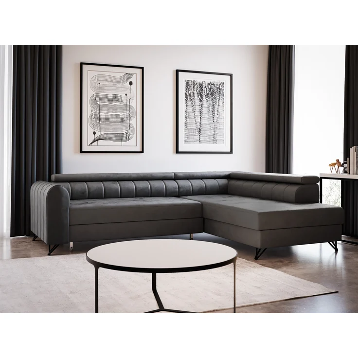 Ecksofa Alice mit Schlaffunktion und Bettkasten, Wohnlandschaft mit einstellbare Kopfstützen, Couch, Sofa, Bettsofa, Schlafsofa (Graphit (Kronos 22), Ecksofa Rechts) – Bild 1