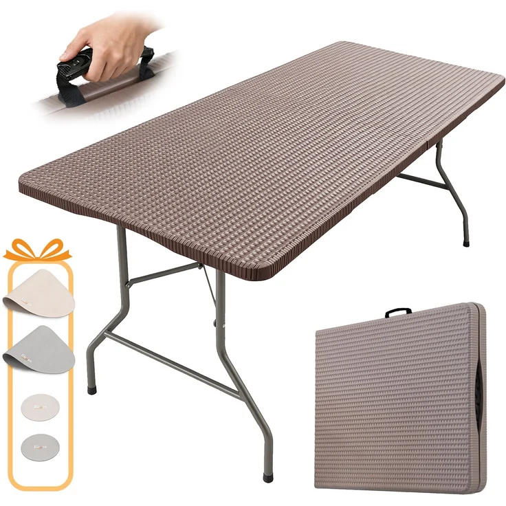 Eiryss Klappbarer Gartentisch 180x70cm, Outdoor Campingtisch für 8, braun mit Rattanoptik-Kunststoffplatte, Metallrahmen, 150kg, 3 Sicherheitsschlösser, leichter Buffetstisch für Garten, Balkon, Picknick – Bild 1