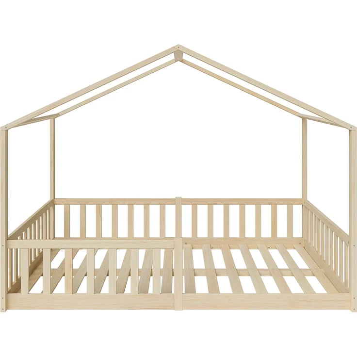 Bellabino 'Bia' Hausbett 140x200 cm, natur, Kiefer Massivholz, Bodenbett in Hausoptik, Montessori Kinderbett mit Rausfallschutz und Lattenrost – Bild 13