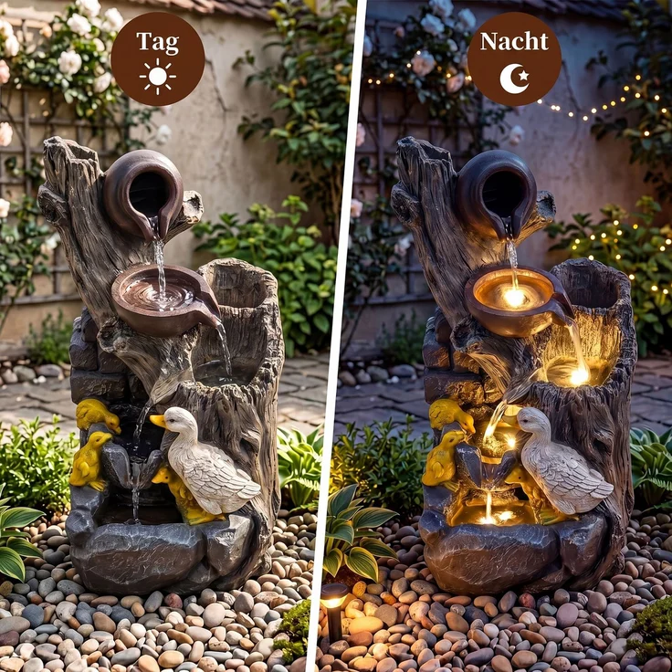 4-Stufiger Gartenbrunnen mit LED-Beleuchtung Dekorativer Zierbrunnen mit Entenmotiv 30 x 27 x 57 cm SH1600 – Bild 3