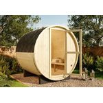 FinnTherm Fasssauna Ben Fasssauna 2 Sitzbänke aus Holz Sauna mit 38 mm Wandstärke Außensauna