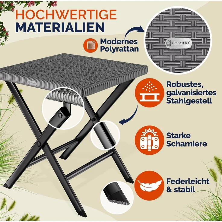 Casaria® Polyrattan 2er Set Klapphocker 75kg Belastbarkeit 44 x 40 x 44 cm Klappbar Tragbar Wetterfest Garten Terrasse Balkon Camping Hocker Anthrazit – Bild 4