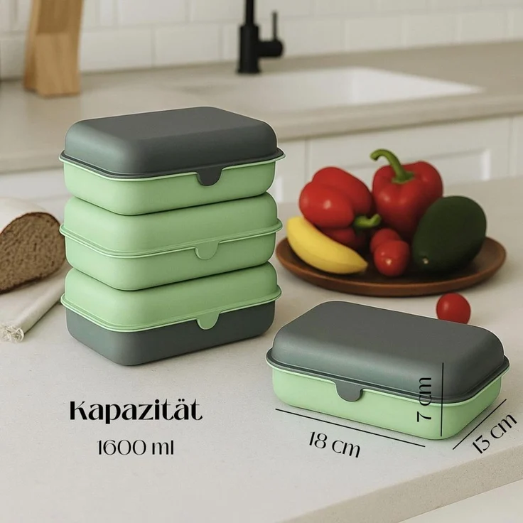 Cofi Brotdosen 3er-Set – Lunchbox / Frühstücksbox – BPA-frei, spülmaschinenfest, stapelbar, 1000 ml Grün-Grau – Bild 3