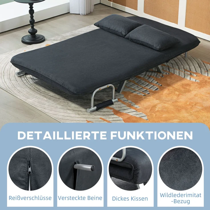 Schlafsofa, 5-fach verstellbar, Wildlederimitat, Stahlrahmen, inkl. Kissen, Schwarz--Schwarz--111x80x78cm--YOUDENOVA – Bild 8