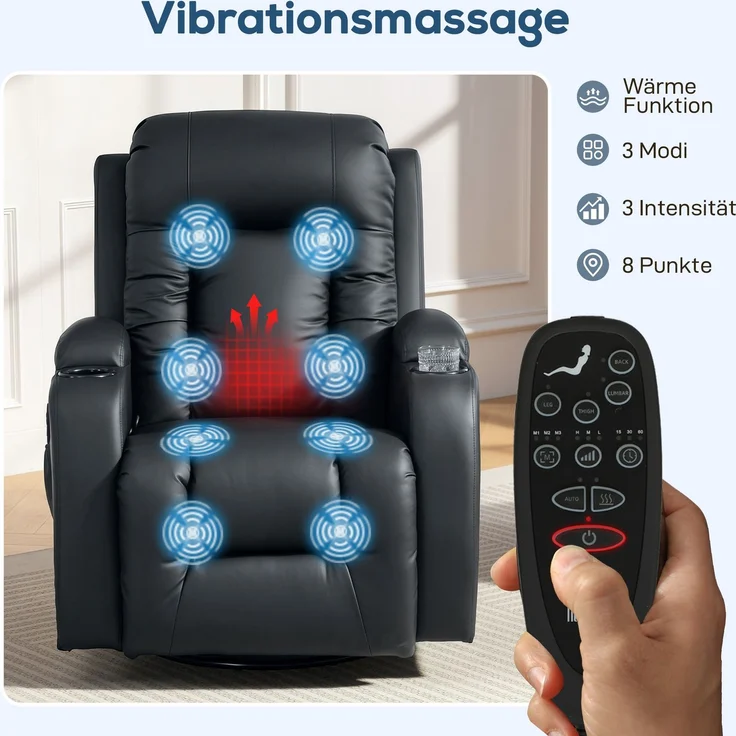 Wohnora-Massagesessel mit Wipp-, Liege- & Wärmefunktion, 3 Modi, drehbar, Schwarz,H 1030cm x T 990cm x B 820cm – Bild 5