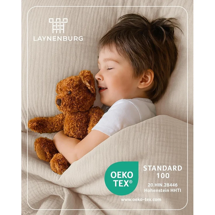 Laynenburg Kinderbettwäsche Musselin 2 teilig aus 100% Baumwolle in 100x135 cm + 40x60 cm, atmungsaktiv & bügelfrei – 3 lagig mit Reißverschluss & Haltebändern – Bild 2