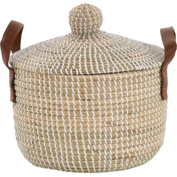 Krines Home Aufbewahrungskorb Handgearbeiteter Seegras Dekokorb mit Deckel Aufbewahrung Flechtkorb, Korb Natur mit weißen Wicklungen Rund (Hell Natur, Rund)