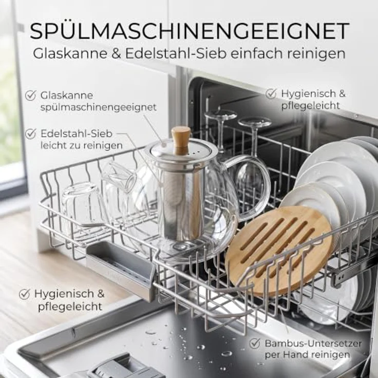 hausleben Teekanne Glas mit Edelstahl-Sieb Untertelle 1,5 Liter, (1-St), Bambus Unterteller Tropffrei, Hitzebeständig, Spülmaschinenfest – Bild 4