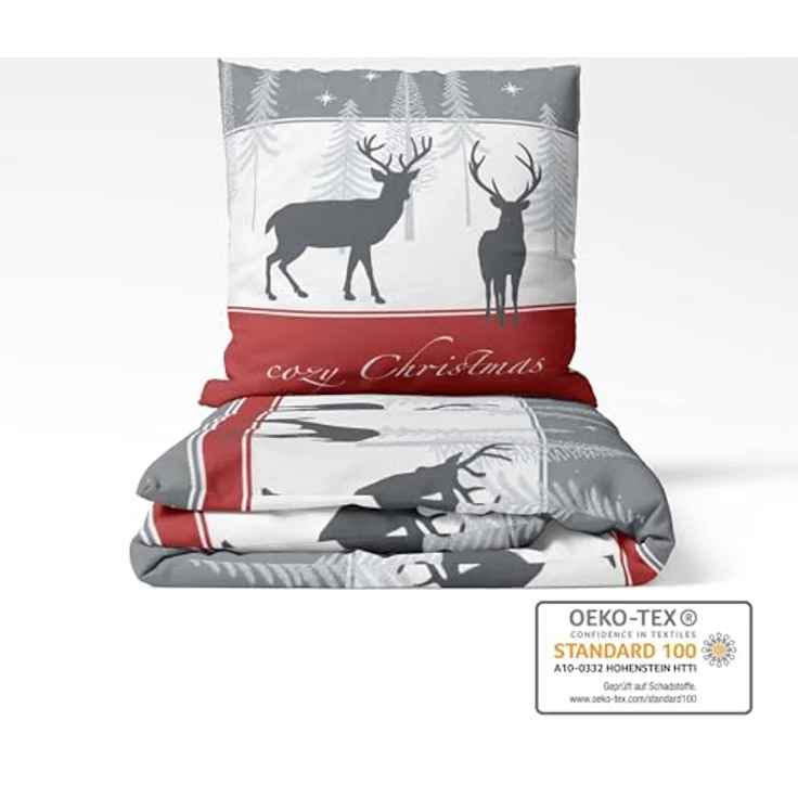 LINKHOFF Bettwäsche Winter Weihnachtsbettwäsche Cosy Christmas 135x200cm / 155x220 - 2tl, Biber Bettwäsche in Rot Grau 100% Baumwolle Weihnachts Hirsch – Bild 5