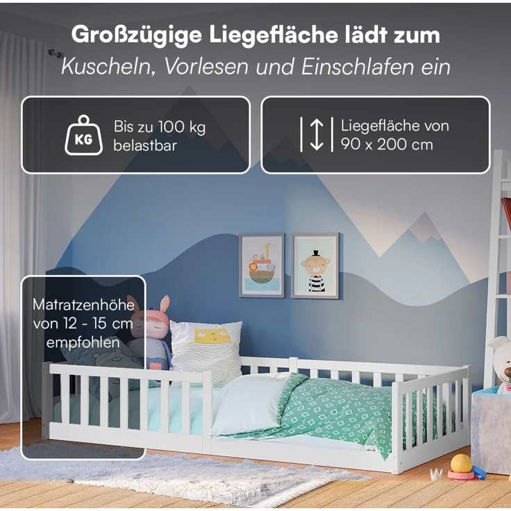 Bellabino 'Vere' Bodenbett 90x200 cm mit Matratze, weiß, Massivholz Kiefer, Montessori Kinderbett mit Rausfallschutz und Lattenrost – Bild 5