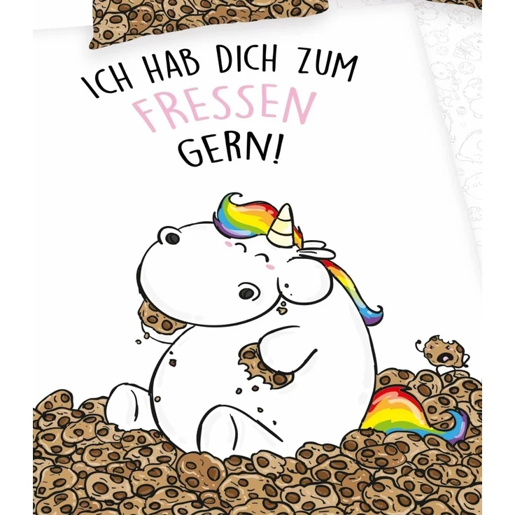 Herding Jugendbettwäsche Einhorn Biber Flanell Wende Bettwäsche 2 tlg. 135x200cm Pummeleinhorn, Flanell, 2 teilig, Ich hab Dich zum Fressen gern, warme Bettwäsche mit Wendemotiv – Bild 3