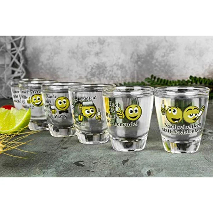 Sendez Schnapsglas 6 Schnapsgläser mit Sprüchen Shots Stamper Wodkagläser Barrel, 6-tlg, Glas – Bild 2