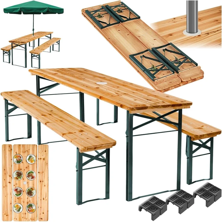 tectake 'Ludwig' Bierzeltgarnitur mit Schirmhalterung, 3-teilig, klappbar, Tannenholz natur / Stahl grün, 170 x 46 x 78 cm – Bild 1
