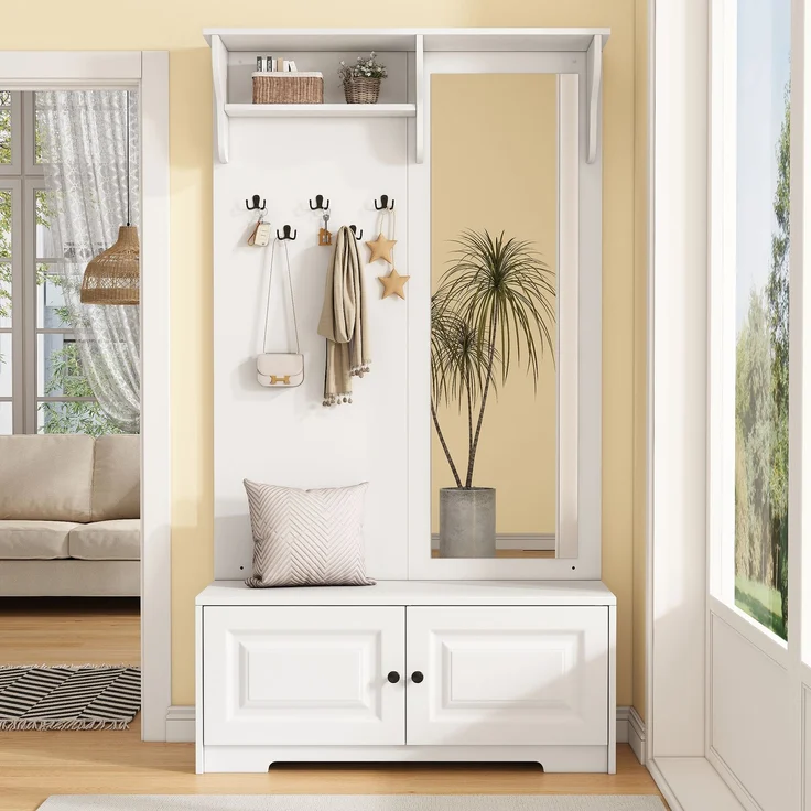 Flieks Garderobe 100 x 40 x 180 cm mit Spiegel, Schuhbank, 5 Haken, 2 Schränken und Regalfächern, Weiß – Bild 3