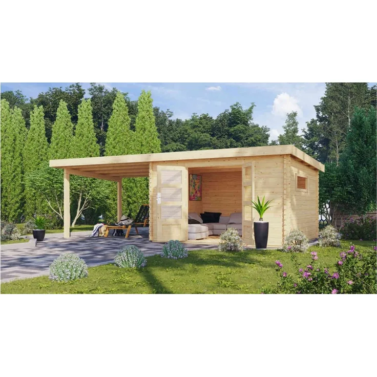 Blockbohlengartenhaus Trittau 5 - 669x297 cm mit Anbaudach 3,30 m, 38 mm Holz naturbelassen, Karibu