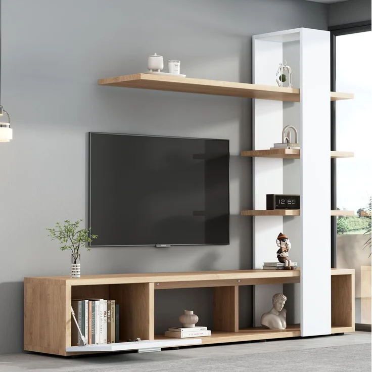 DESVIAE TV-Schrank-Set mit 3 Wandregalen und Stauraum, 180x151,5x33,5 cm, Spanplatte, Weiß und Holzfarben – Bild 3