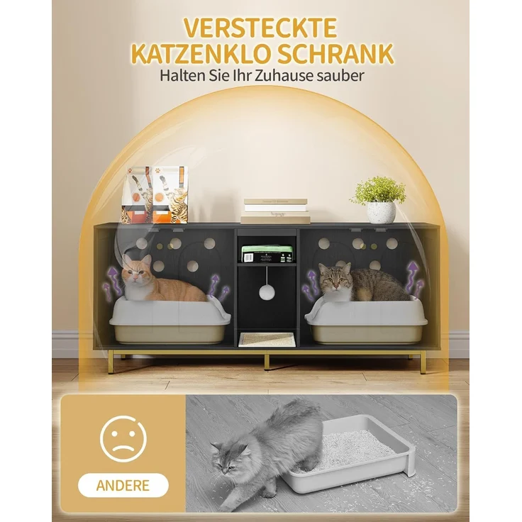 Katzenschrank für 2 Katzen, Katzenklo Schrank, Katzenhaus Versteckt mit Doppelräumen, Mit Stauraum, Plüschbälle, Kann als Fernsehschrank, 140 x 48 x 62 cm, Schwarz und Gold – Bild 5