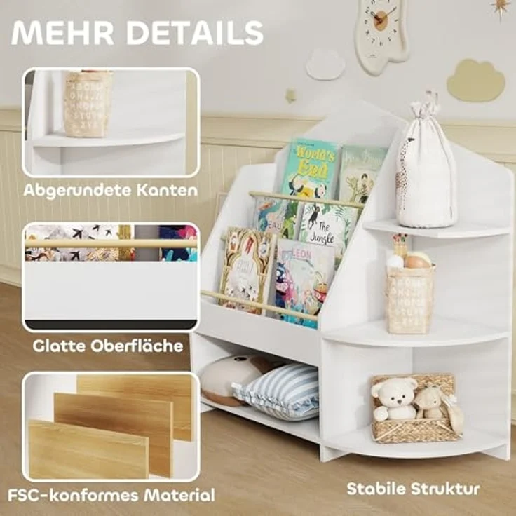 AIYAPLAY Kinderregal mit 7 Regalen, Bücherregal aus Holz 1-tlg, für Kinderzimmer, Spielzimmer, Weiß – Bild 6