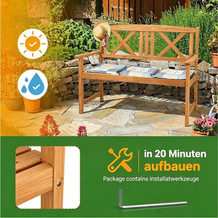 LEADZM Gartenlounge-Bank Gartenbank, Holzbank, Bank mit Rücken- & Armlehnen, Gartenbank – Bild 2