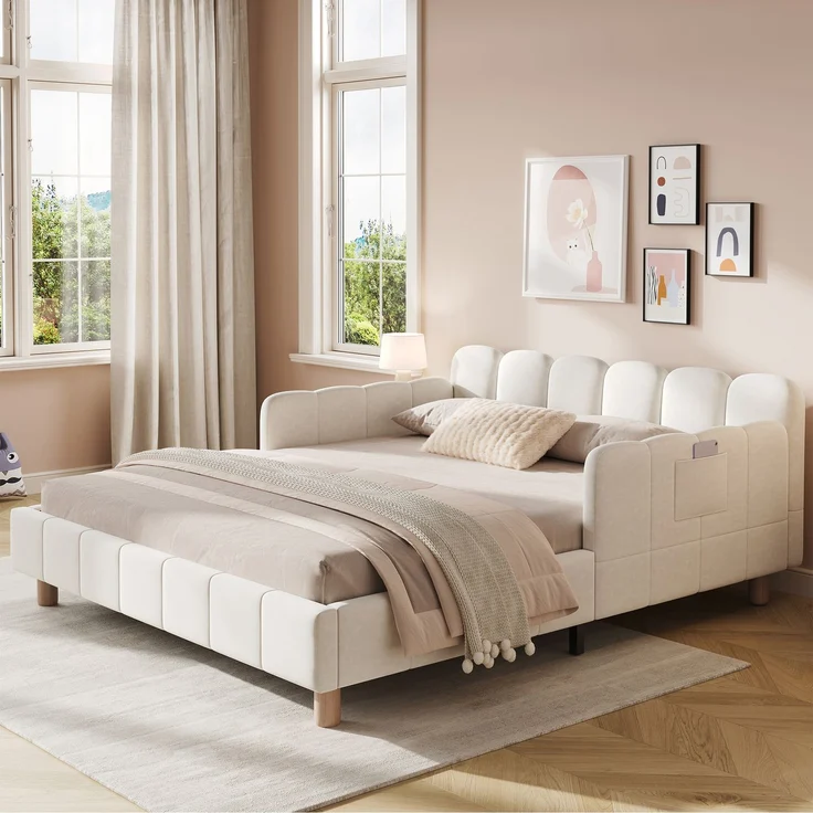 Merax Polsterbett, Kinderbett 140x190 cm, Bett mit und gepolstertes Kopfteil und Rausfallschutz, Bettbeine aus Massivholz, Samt, beige – Bild 2