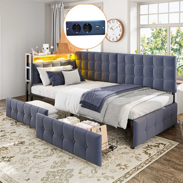 Schlafsofa mit 2 Schubladen, LED & USB-Anschluss, 90x200 cm, Grau, ohne Matratze – Bild 4