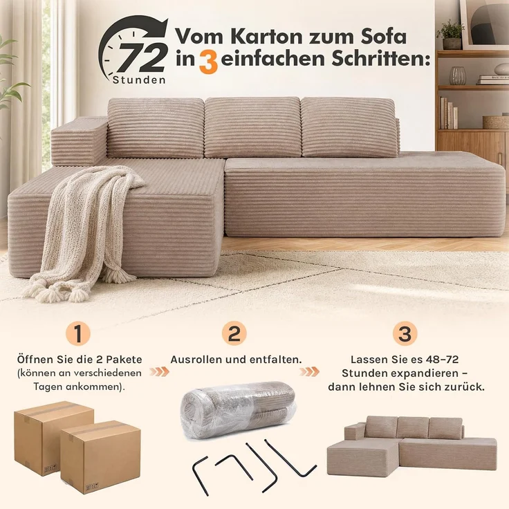 COMHOMA Ecksofa mit Schlaffunktion, 255cm Corduroy Modulares Boneless Couch mit Chaiselongue & Rücken-Metallgestell, L-Form Schlafsofa mit offenem Design, Kissen & Seitentaschen,für Wohnzimmer, Beige-R – Bild 13