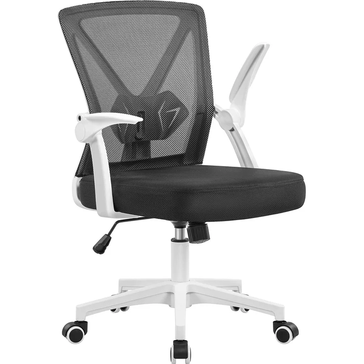 Yaheetech Bürostuhl Schreibtischstuhl mit hochklappbare Armlehnen, Drehstuhl aus Mesh, Office Chair Ergonomic, erstellbaren Lendenwirbelstütze, Wippfunktion, höhenverstellbar Weiß