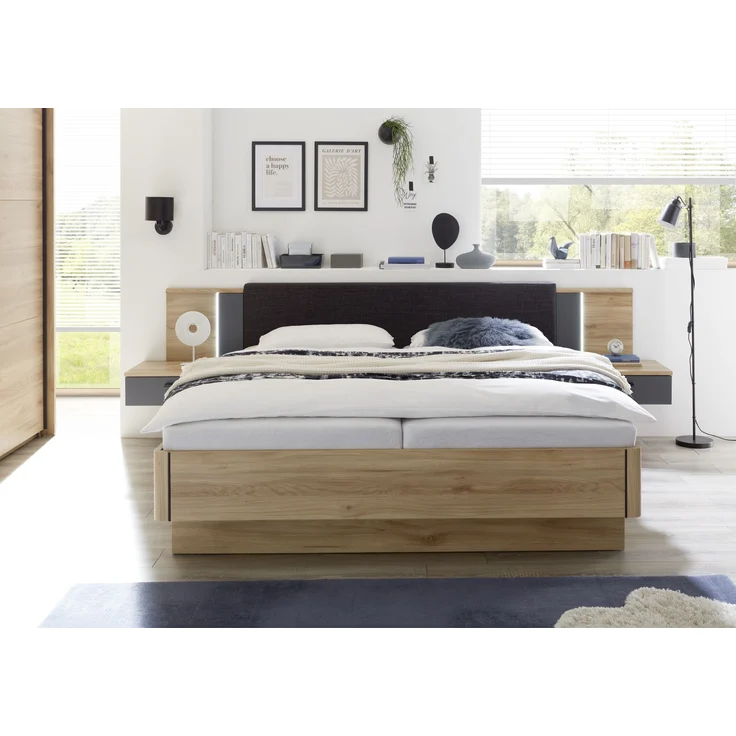 Bettanlage >Aschau< LED, 2 Schübe, Mauvella Eiche Dekor / Graphit - 305x93x210cm (BxHxT) – Bild 4