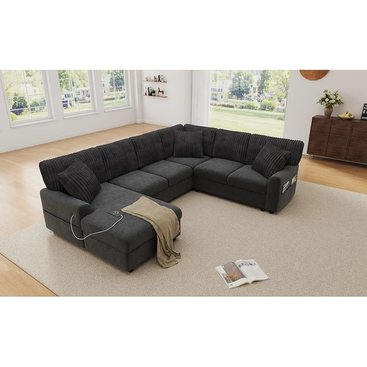 ZUBALIYA Modulare Wohnlandschaft, mit USB-C-Anschluss, H 83 × T 196 × B 249 cm, Grau, Chenille / Cord – Bild 11