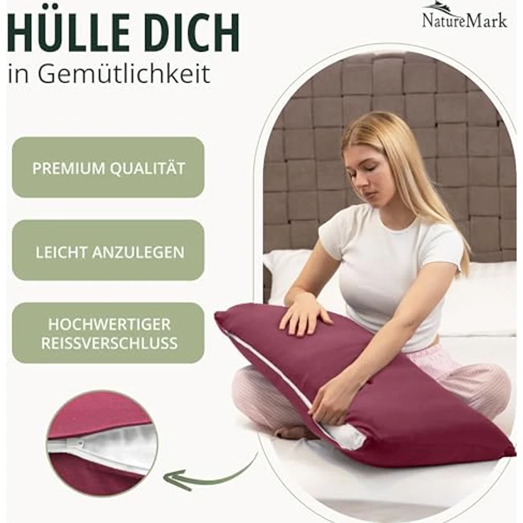 NatureMark 2er Pack Jersey Kissenbezug Kissenhülle Kissenbezüge Seitenschläferkissen Nackenkissen viele Größen und Farben ÖKO-TEX (40x80 cm, Bordeaux rot) – Bild 6