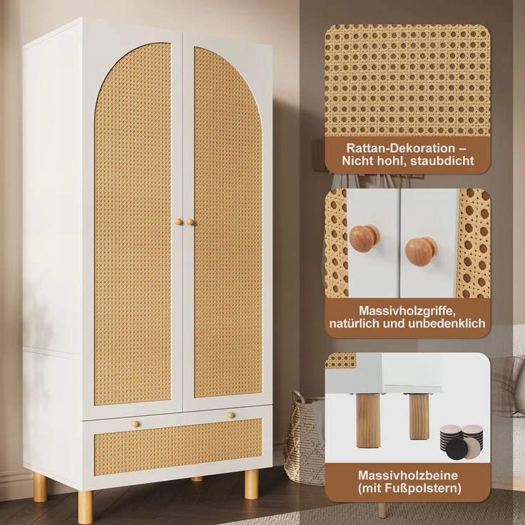 Wohnora-Kleiderschrank Garderobenschrank mit 2 Türen & Rattan, Landhausstil Weiß mit großer Schublade, höhenverstellbaren Regalen & Kleiderstange, Inkl Kippsicherung, 180x85x52 cm (H/B/T),H 1805cm x T 855cm x B 52cm – Bild 2