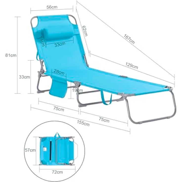 SoBuy OGS35-B Gartenliege, klappbar mit Seitentasche und Kopfkissen, blau, für Garten, Balkon und Strand, belastbar bis 110 kg – Bild 3