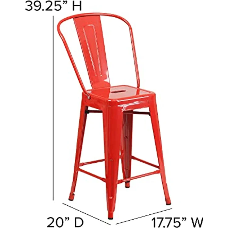 Flash Furniture Lily Hocker in handelsüblicher Qualität, 61 cm hoch, Metall, für drinnen und draußen, mit Abnehmbarer Rückenlehne, Rot, 4 Stück – Bild 4
