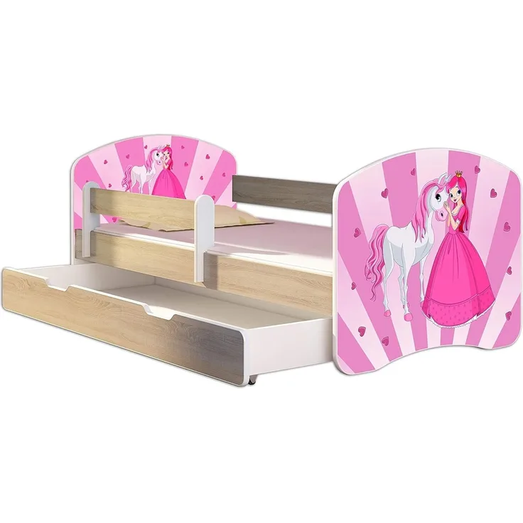 Kinderbett Jugendbett mit einer Schublade und Matratze Sonoma mit Rausfallschutz Lattenrost ACMA II 140x70 160x80 180x80 (08 Princess, 140x70 + Bettkasten)