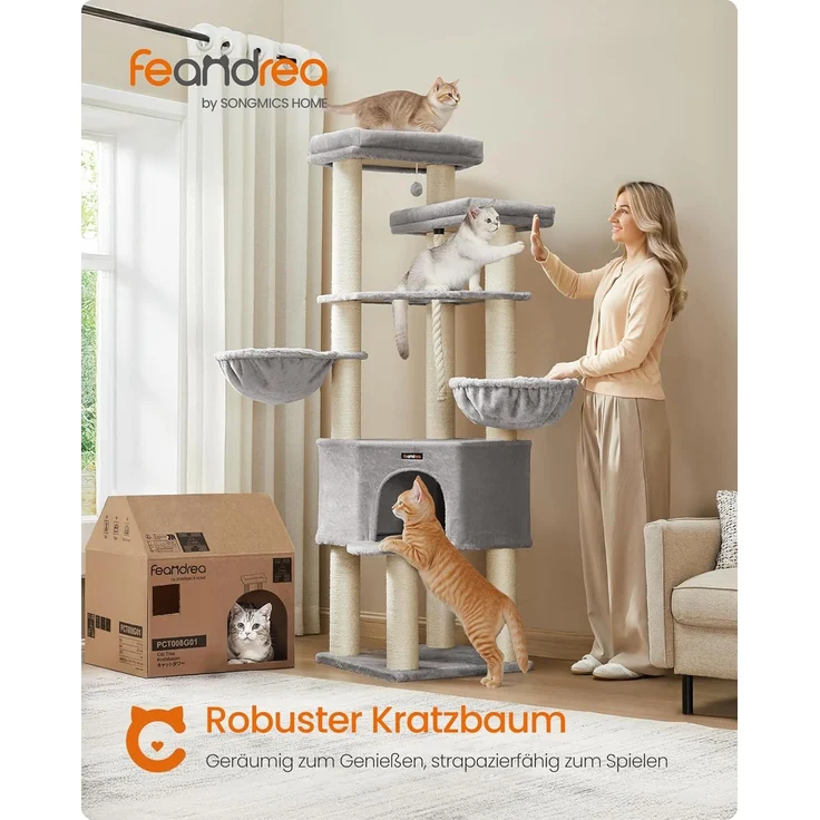 Feandrea Kratzbaum groß, mehrstöckiger Katzenbaum, XXL, 55 x 55 x 186,7 cm, 11 cm d Dicke Sisalstämme, für große Katzen wie Maine-Coon-Katze, Katzenkratzbaum, Taubengrau-cremeweiß – Bild 2