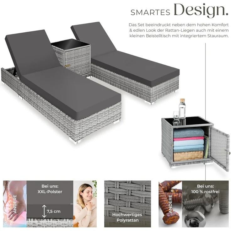 tectake 2er Lounge Sonnenliegen Set Plus Tisch – inkl. 2 Bezugsets und Schutzhülle, Outdoor Poly Rattan Gartenmöbel Set, 2X Gartenliege wetterfest - hellgrau – Bild 3