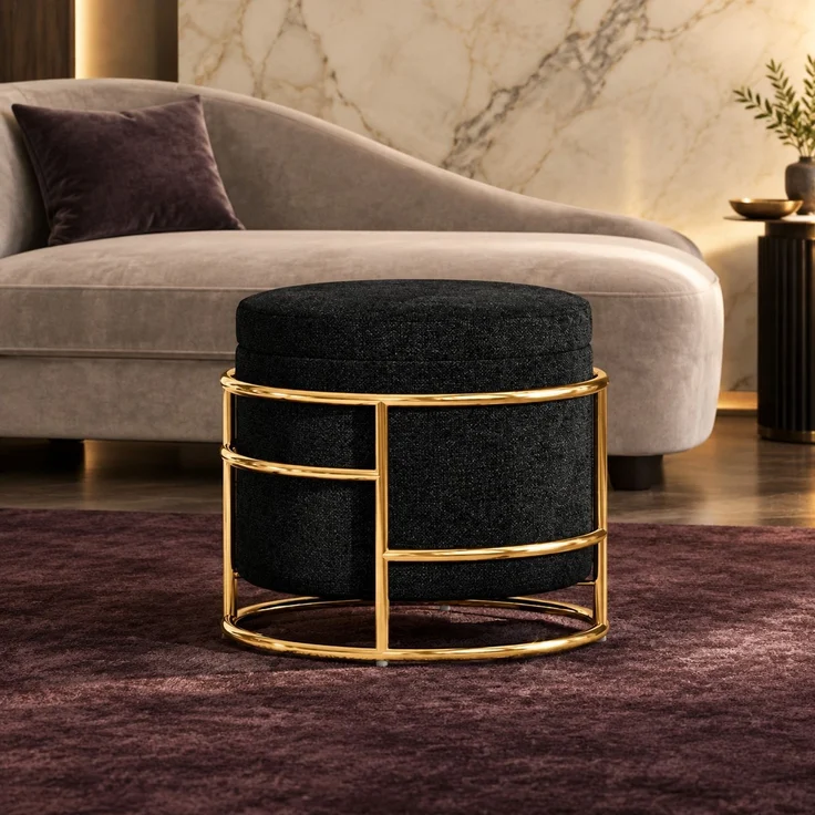 Hocker H 39 x T 42 x B 42 cm, schwarzer Polyester-Samt, Stauraum und goldfarbener Stahlrahmen, 1 Stück – Bild 2