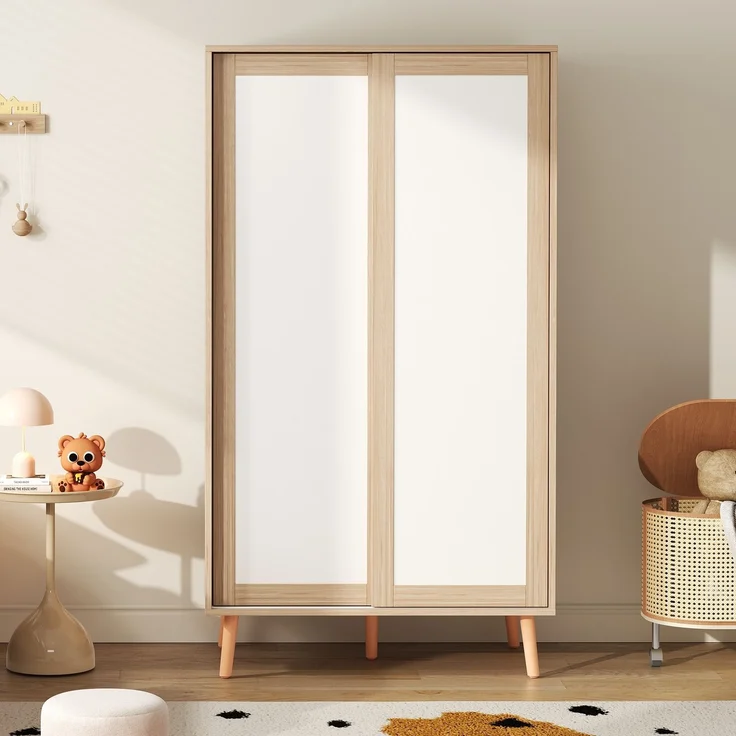 Kleiderschrank mit doppelten Schiebetüren, Kleiderstange, Ablageflächen, abriebfester Oberfläche, feuchtigkeitsbeständig – Bild 3