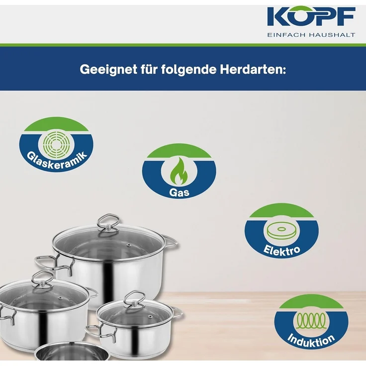 Kopf Topf-Set Merkur 4-teilig, Edelstahl (4-tlg), Induktionstöpfe mit Schüttrand, Literskala und Glasdeckel – Bild 4