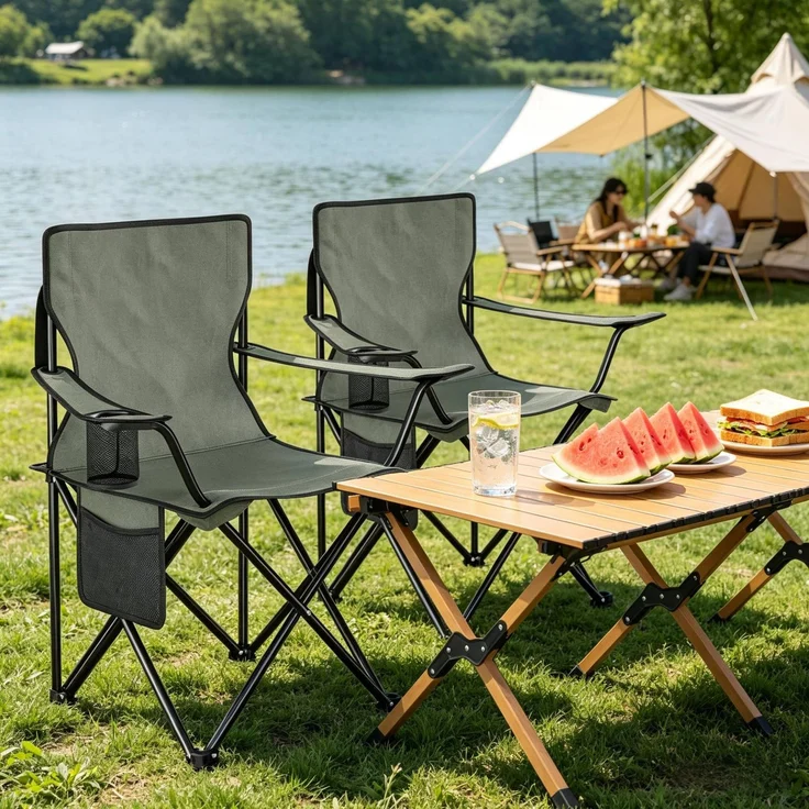 Campingstuhl-Set, klappbar mit Getränkehalter & Seitentasche, 47x76x80,5 cm, Dunkelgrau – Bild 2