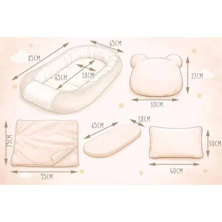 Babynest Nestchen Baby Set für Neugeborene – 5-teilig – Kuschelnest aus 100% Baumwolle & Waffelpique – Babykokon tragbar – für Babybett, Kinderbett & Kinderwagen – OEKO-TEX - Flugzeuge und Braun – Bild 3