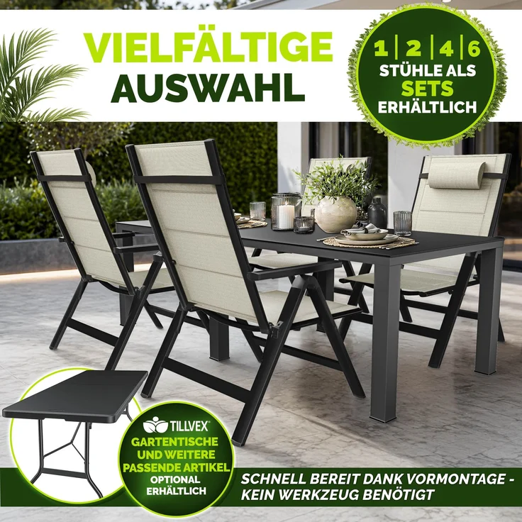 tillvex Gartenstuhl mit Polster Premium 4 Stück Beige klappbar aus Aluminium | Hochlehner mit Armlehnen | Klappstuhl verstellbar | Klappsessel Balkon Garten Terrasse – Bild 3